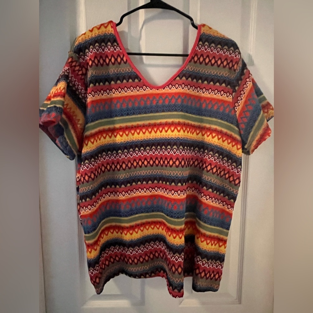 SHEIN CURVE Multicolor V-Neck Top with textured stripes NWOT